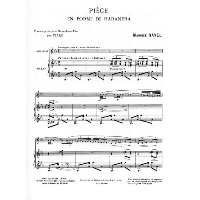 RAVEL, MAURICE.- PEZZO A FORMA DI HABANERA